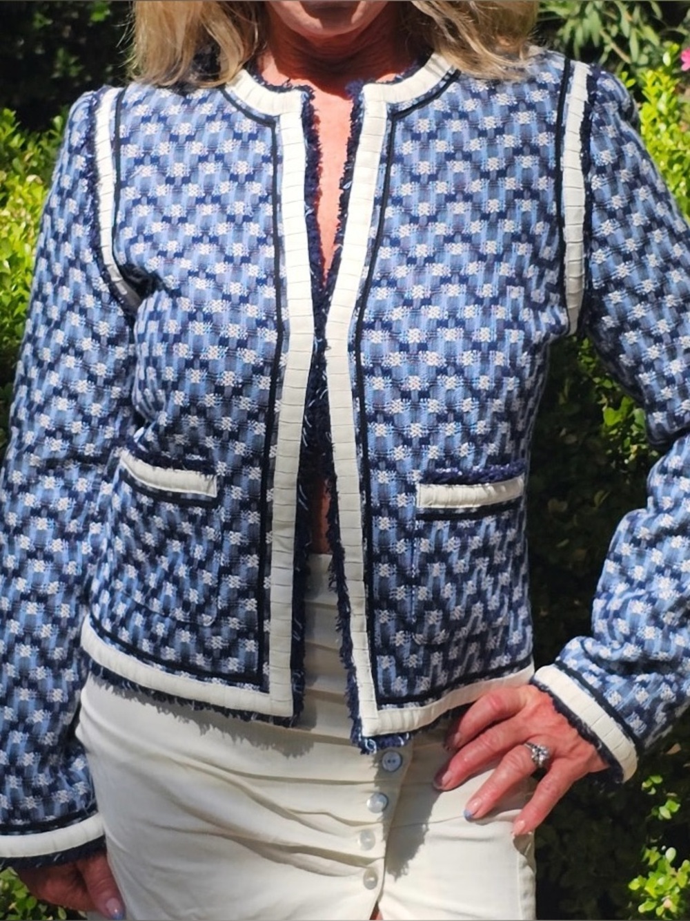 Tory Burch Navy & Light Blue Tweed Trim Jacket